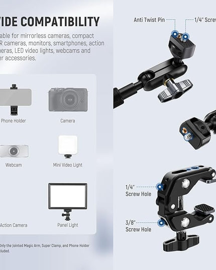NEEWER Magic Arm Camera Mount, Overhead Desk Phone Mic Stand Holder, 22" Articulating Boom Arm C Clamp 1/4" 3/8" Threads for ARRI for Microphone Webcam Action Camera Video Light, Cleaning Cloth, UA057