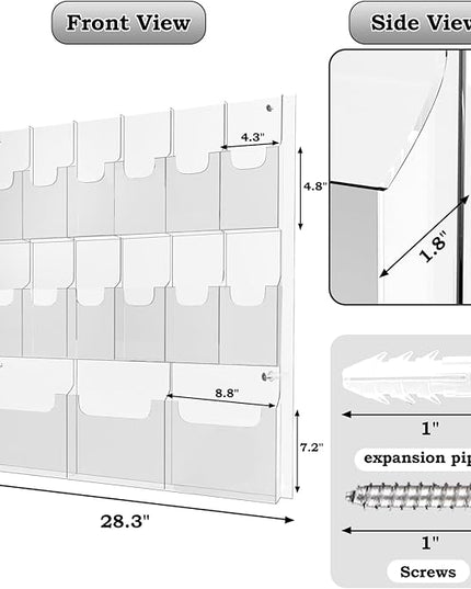 Acrylic Brochure Pamphlet Holder, 3 Magazine Holders and 12 Pamphlet Holders, Clear Brochure Display Holder Wall Mount, Trifold Flyer Rack, Literature Storage Rack for Home, Offices, Waiting Room