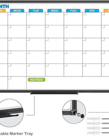 JILoffice Dry Erase Calendar Whiteboard - Magnetic White Board Calendar Monthly 24 X 18 Inch, Black Aluminium Frame Wall Mounted Board for Office Home and School
