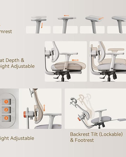 Newtral Ergonomic Office Chair - Home Office Desk Chair with Footrest, with Auto-Following Lumbar Support, 4D Armrest, Adjustable Seat Depth & Height