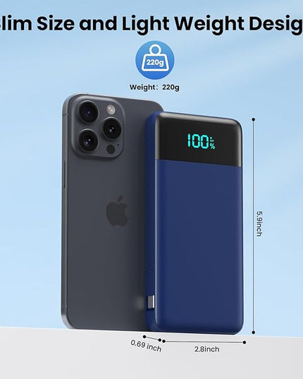 Portable Charger for iPhone with Built in Cables and Wall Plug,Upgraded 13800mAh Fast Charging USB C Power Bank,4 Outputs Travel Essential Battery Pack Compatible with iPhone 17/16/15/14,Samsung-Blue