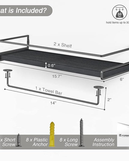 Forbena Black Floating Shelves for Bathroom Wall Set of 2, Kitchen Spice Rack Wall Mount, Modern Wood Hanging Wall Shelves for Bedroom Organizer, Restroom Pantry Closet Storage (Grey-Black)