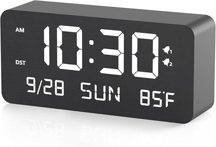 Fomobest Wooden Digital Alarm Clock for Bedroom - Desk Clock with Date, Day of Week, Temperature, Dual Alarms, Dimmer, USB Port Charge, DST, Adjustable Volume for Living Room/Office Wood Decor (Black)