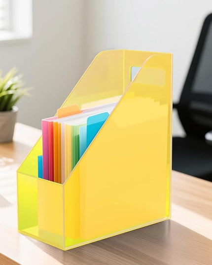 Acrylic Magazine Rack Desk File Holder Organizer for Office Desktop Vertical Magazine Storage Box, 12 x 10 x 5'', Neon Yellow