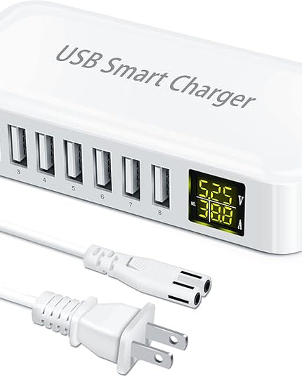 USB Charging Station, Ziwodiv 8-Port 60W/12A Charger Station, Multi Ports USB-A Charging Hub with LED Display, Compact Desktop Charger for Multiple Devices, iPhone iPad Samsung Android and Tablet
