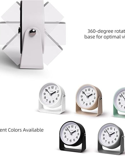 TIMESS Analog Alarm Clock, Silent Non-Ticking Quartz Movement, Battery-Operated with Snooze & On-Demand Light, Easy to Set Gentle Wake Bedside Desk Clock, Ideal for Home, Travel, Office (White)