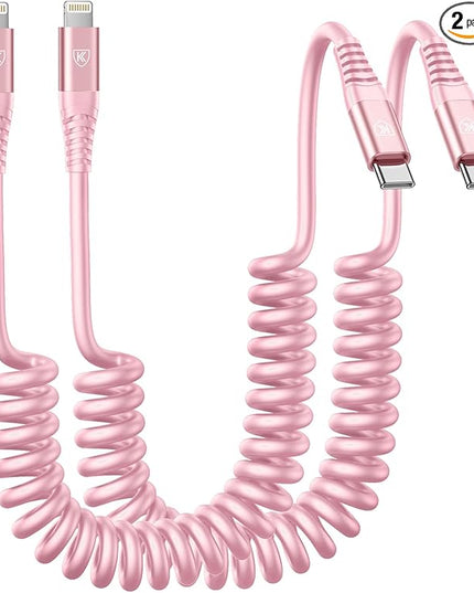 KIYODA USB C to Lightning Cable 3FTfor Car, Coiled iPhone Charger Fast Charging Short USBC Lightning iPhone Cord for iPhone14/13/12/11 Pro Max/iPad/CarPlay- 2Pack Pink