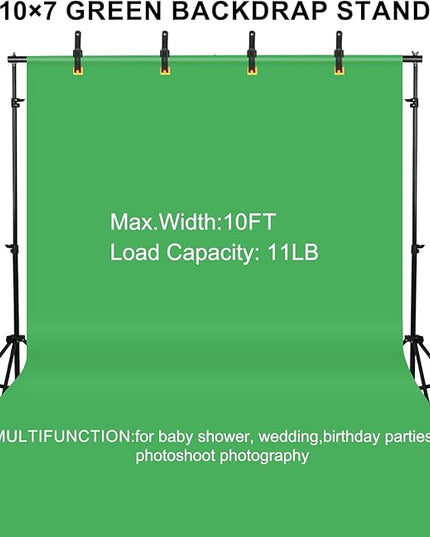 10x7ft Adjustable Photography Backdrop Stand Kit – Photo Studio Background Support with 4 Crossbars, 4 Clamps, 2 Sandbags (with 9 * 6 Feet Green Backdrop Curtain)