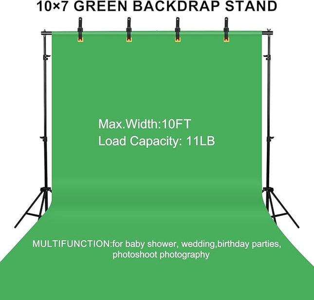 10x7ft Adjustable Photography Backdrop Stand Kit – Photo Studio Background Support with 4 Crossbars, 4 Clamps, 2 Sandbags (with 9 * 6 Feet Green Backdrop Curtain)