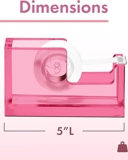OfficeGoods Acrylic Tape Dispenser – Modern Desk Organizer for Office Supplies – Heavy Duty Refillable Tape Holder for Home and School Crafting – Stylish Desktop Accessory for Gift Wrapping, Pink