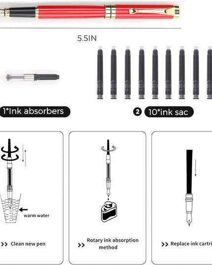 Tiankool Luxury Fountain Pen,Fine Nib, Exquisite Pen Gift Set for Men&Women-Includes 10 Ink Cartridges&Ink Converter- Nice Pens - Red