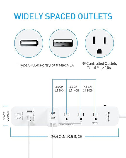 Remote Control Power Strip with 3 USB Surge Protector Power Strip with 3 RF Controlled Outlets, 5ft Extension Cord, 15A/1875W Remote Control Outlet for Household and Workstation Appliances