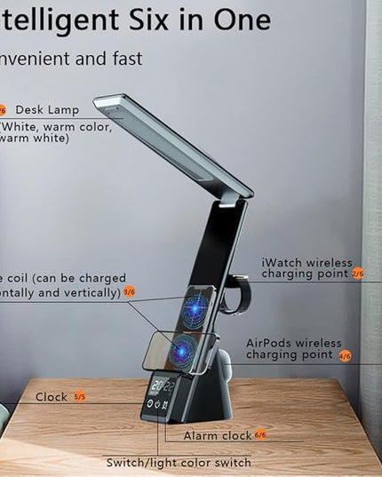 IHAO 6in1 Multifunctional Foldable LED Table Lamp with Wireless Charger Digital Alarm Clock Eye-Care Lighting 3 Color Modes 15W Qi Charger for Phone/Headphones, iWatch Charger Compatible-N61Black