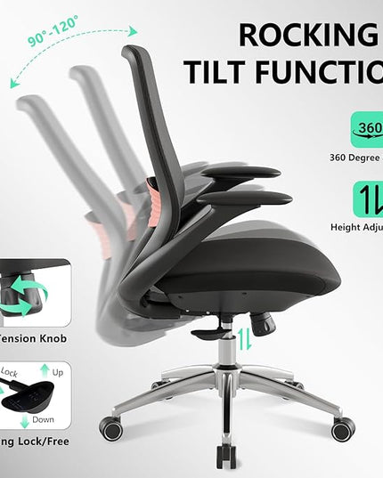 Ergonomic Office Chair, High-Back Mesh Executive Chair with Lumbar Support & 360° Adjustable Arms, Reclining Desk Chair with Tilt Lock for Home Office, Gaming, and Work, 300lb Capacity (Black)