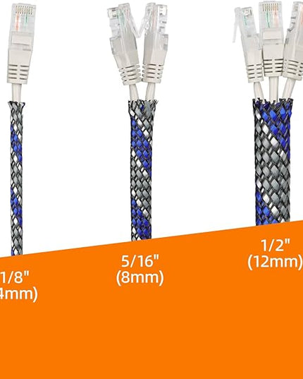 Braided Expandable Cable Sleeve, 25ft PP Cotton and PET Braided Cable Management, Flexible Mesh Wire Loom and Cable Protector for TV, Computer, Home Theater, Automotive (Blue White Grey, 1/2")