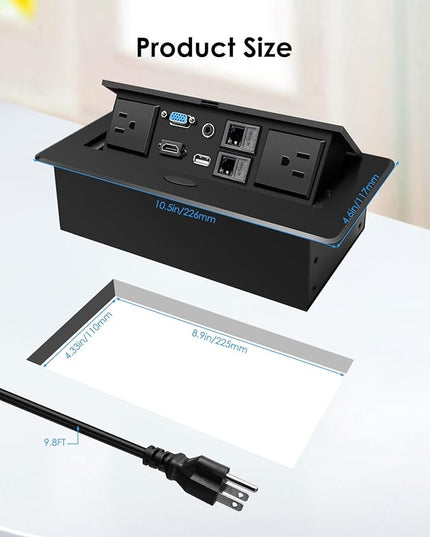 Pop Up Conference Table Power Outlet with 2 Power Sockets+2 RJ45+1 HDMI+1 USB+1 VGA and 1 Audio, Embedded Table Hub Data Center Connectivity Box with 9.8FT Power Cord for Conference Desk