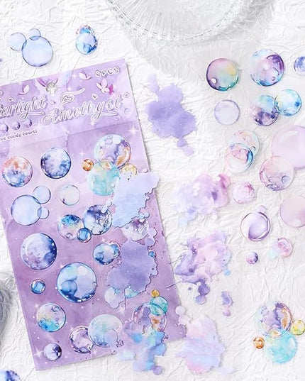 24 Sheets Precut Transparent PET Stickers for Journaling, 6 Assorted Colors, Watercolor Splash and Bubble Sticker for Scrapbooking, Junk Journal Supplies, Card Making, Collage, Arts Crafts