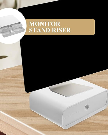 Computer Monitor Stand Riser with Storage Drawers and Laptop Riser for Office Desk Organization, White Sealed Drawer Desktop Heightener for Workstation Accessories
