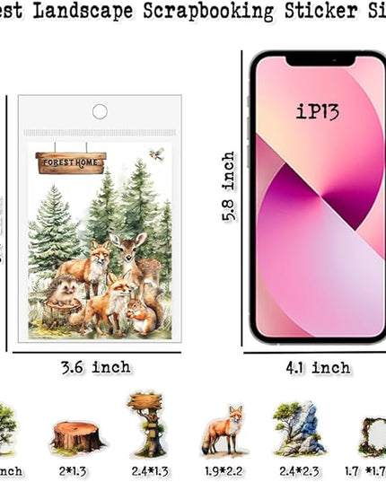Dwpetzo 150Pcs PET Forest Landscape Stickers for Journaling and Scrapbooking, 6 Themes with Pine Trees Woodland Animals Wooden Stumps Moss Nature Scene Stickers for Junk Journal Supplies, Collage