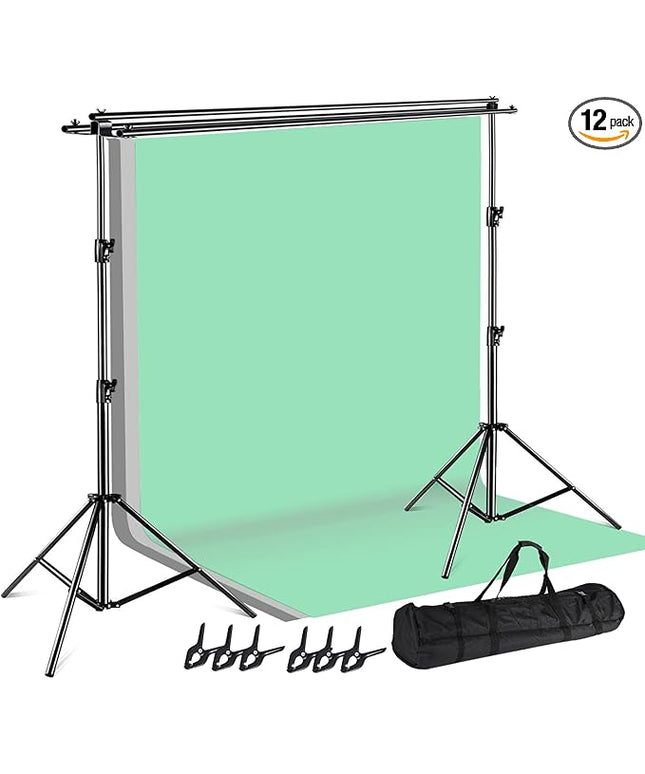 SLOW DOLPHIN Photo Video Studio Triple Crossbar 10 (W) x 8.5 (H) ft Adjustable Photography Backdrop Background Support Stands, with Mounting Bracket and 6 Pcs Spring Clamp, Carry Bag