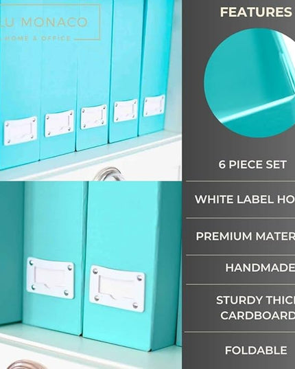 BLU MONACO Set of 6 Aqua Magazine File Holders | Foldable Magazine Storage Boxes with White Leather Label Holders | Vertical File Organizer for Desk, Shelves & Home Office