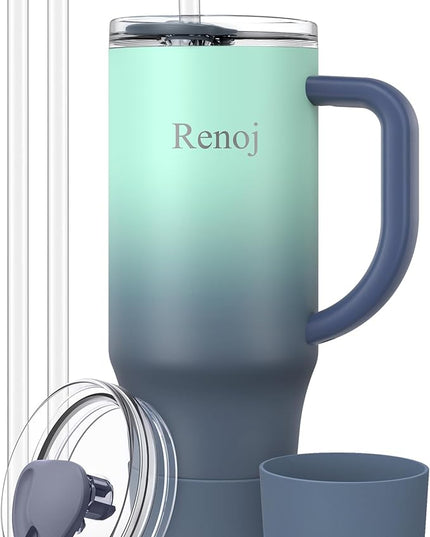 Renoj Tumbler with Handle 100% Spill Resistant Insulated Water Bottle for Iced Coffee & Hot Drinks - Fits Car Cup Holder, Ideal Gift, 2 Straws & Silicone Boot BPA-Free - FlexSlide Blue Gradient 32 oz