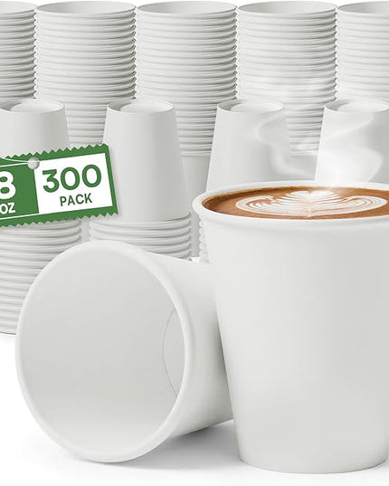 Finepak White Paper Cups 8 oz Disposable Coffee Cups, 300 Pack BPA Free Hot Cups, 300GSM Thickened White Disposable Cups, Bulk Small Drink Cups for Everyday Office Coffee Bar Supply Party Essentials
