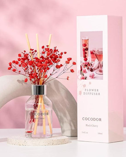COCODOR Flower Reed Diffuser Set / 3.4oz / Black Cherry/Scent Diffuser with Sticks Home Fragrance Reed Diffuser for Bathroom Shelf Decor