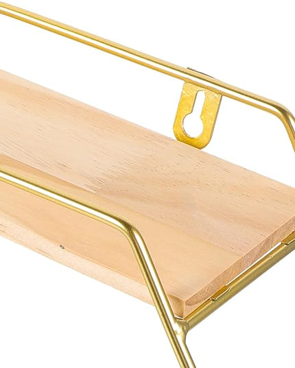 Hexagonal Wall Floating Shelf Metal and Wood Wall Shelves Gold Decorative Storage Rack for Bedroom Living Room Display and Home Organization