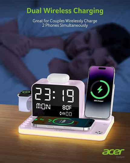 Acer 7-in-1 Wireless Charging Station with LED Clock - 30W Fast Wireless Charger for iPhone 16/15/14/13/12/Pro Max, Apple Watch, AirPods - Bluetooth Auto Time Sync & Night Lights (Purple)