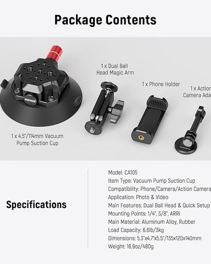 NEEWER 4.5" Suction Cup Camera Mount with Ball Head Magic Arm, 1/4" 3/8" ARRI Holes, Quick Release Car Mount with Phone Holder & Action Cam Adapter Compatible with iPhone DJI Insta360, CA105