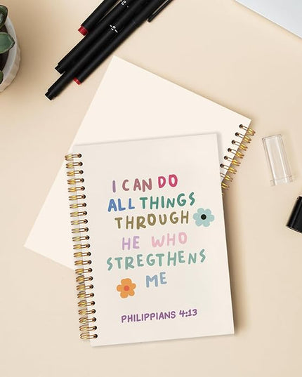 Christian Spiral Journal Notebook 5.5x8.3in, I Can Do All Things Through He Who Strengthens Me，Philippians 4:13 Bible Journal, Cute Floral Bible Notebooks for Note Taking, Hardcover Notebook