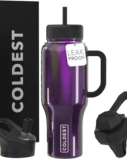 Coldest Tumbler with Handle and Straw, 100% Leak Proof Insulated Tumbler with Lid and Straw (3 Lids), Stainless Steel Tumblers for Women & Men, Cup Holder Friendly, 36 oz (Purple Iridescence)