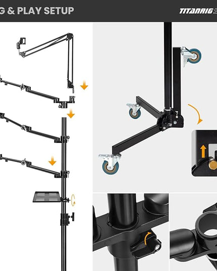 TARION Live Streaming Stand with Wheels - 61"/155cm 5-in-1 Stream Stand Equipment Kit: 1 Mic Boom + 3 Articulated Arms + 1 Projector Holder, Adjustable Heavy-duty Floor Live Tree Stand Setup TitanRig