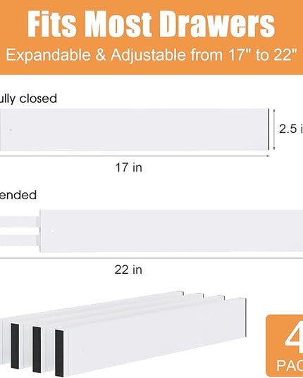 Bamboo Drawer Dividers,17-22" Adjustable Kitchen Drawer Organizer for Clothes,4 Pack Expandable Drawer Organization Separators for Bedroom,Bathroom,Dresser and Office,White