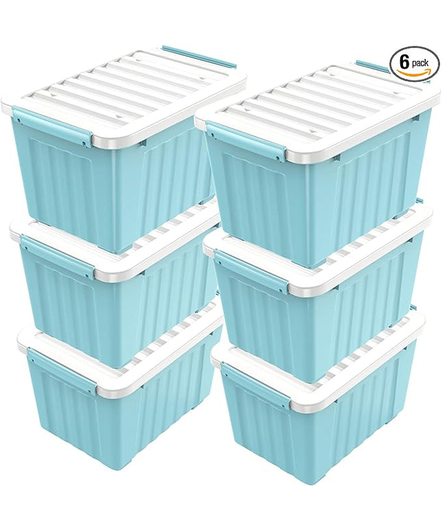 Nazhura 97 Quart Plastic Storage Bin, Stackable and Nestable Storage Boxes with White Lids and Secure Latching Buckles, Large Storage Container (Blue, 97Quart-6Pack)