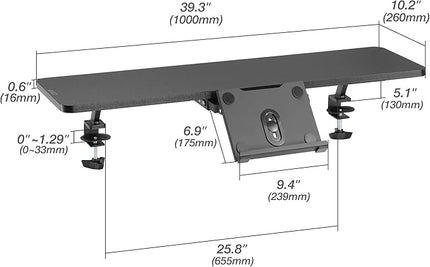 AVLT Clamp Desk Shelf Dual 32" Monitor Riser With Slide-out Holder for Convertible Laptop, Tablet, Smartphone (Black) - Floating Stand (Clamp-On Shelf Only)