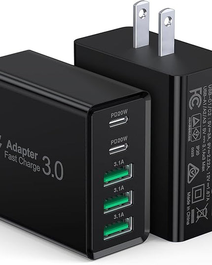 [2-Pack] USB C Wall Charger, 60W USB C Charger Block 5-Port PD Fast Charging Blocks,2USB C+3USB A Multiport Plug,Type C Power Adapter Brick Cube for iPhone 17/16/15/14/13/Pro,Samsung,for Switch（Black）