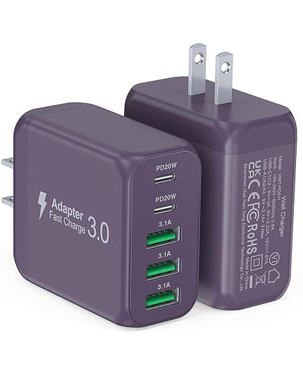 60W 2-Pack USB C Wall Charger Block, 5-Port C Charger Fast Charging Block PD Power Adapter +QC 3.0 Multiport Type C Box Brick Cube USB A Wall Plug for iPhone 14/15/16/17 Pro Max,Samsung Galaxy(Purple)