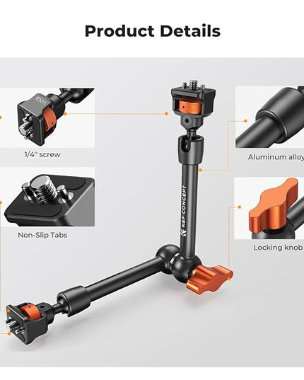 K&F CONCEPT 11" Magic Arm 1/4" Screw 360° Ball Heads Articulating Friction Camera Arm Mount for Monitor, LED Light, Webcam, Microphone, Camera Cage