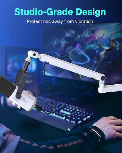 FIFINE Boom Arm Mic Stand, Low Profile Microphone Arm Stand, Podcast Mic Boom Arm with Desk Mount, Cable Channels Management, Metal Boom Arm White for Recording/Streaming/Gaming/Home Office-BM88W