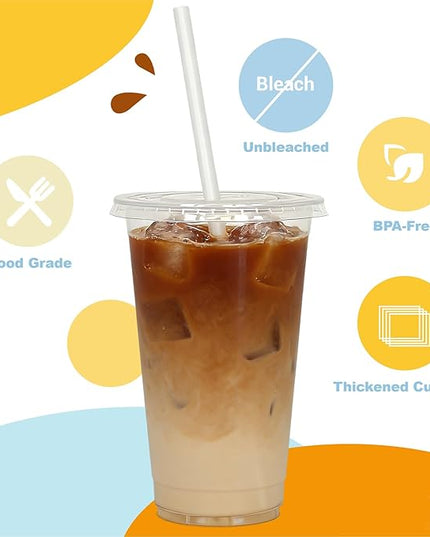 Coolcap 24 oz 100 Pack Disposable Clear Plastic Cups with Lids and Straws, Food Safe Bulk Iced Coffee Cups for Smoothies, Milkshakes and Other Cold Drinks