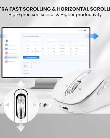 Wireless Bluetooth Mouse Rechargeable,USB+BT×2,Multi Device Quiet Ergo Computer Mouse,Metal 4-Way Super Scrolling,± 3200 DPI,10 Button,Plug&Play,Cordless Mice for Laptop,Tablet,Mac,iPad,PC,Phone-White
