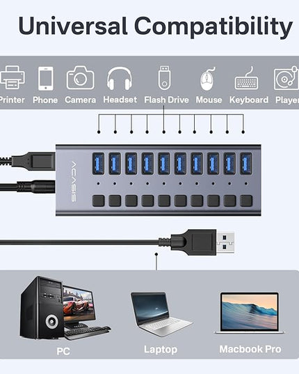Powered USB 3.2 Hub, ACASIS 10 Ports USB 3.2 Hub with 10Gbps Data Speed, Aluminum Housing, USB Hub Powered with 48W Power Adapter, USB Hub for PC/Laptop, Computer, Flash Drive, Printer, Camera