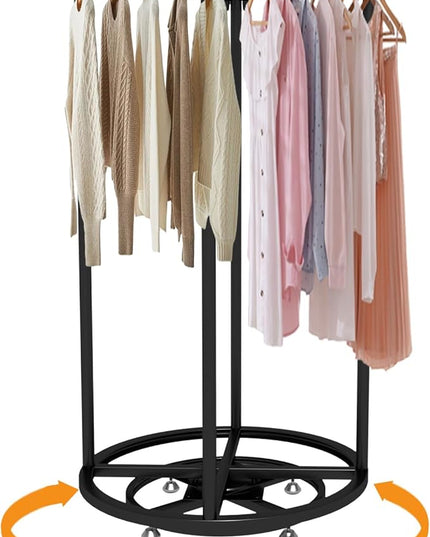 Rotatable Round Garment Display Rack, Floor-Standing Double Space Multi-Purpose Metal Shelf for Clothes Storage, Commercial Clothing Organizer in Retail Boutiques (Black, 27.6"x 51.2")