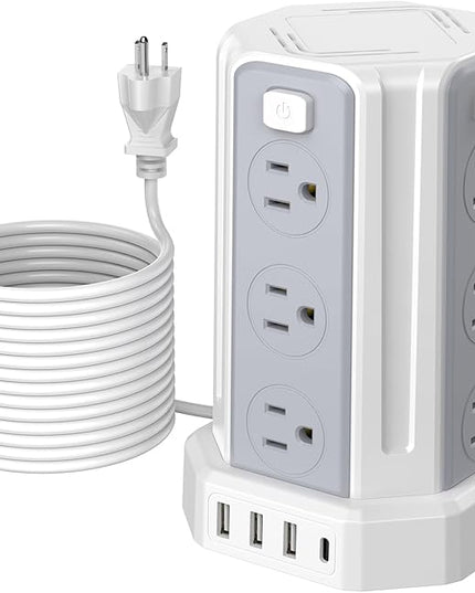 Power Strip Surge Protector, 10 Ft Extension Cord with 12 AC Multiple Outlets 4 USB (1 USB C), SMALLRT Power Tower Desktop Charging Station (White, 16.4 FT)