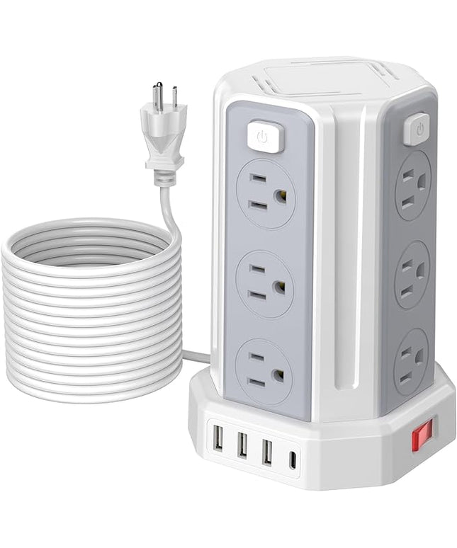 Power Strip Surge Protector, 10 Ft Extension Cord with 12 AC Multiple Outlets 4 USB (1 USB C), SMALLRT Power Tower Desktop Charging Station (White, 16.4 FT)