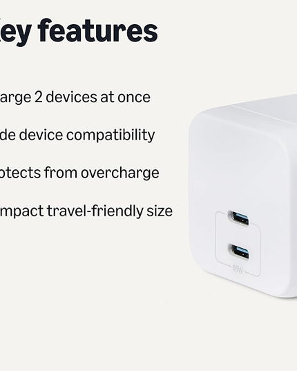 Amazon Basics Fast Charging USB C Nano GaN Wall Charger, 65W 2-Port for Laptops, Tablets, Phones, White