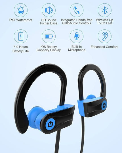 Bluetooth Headphones, Otium Wireless Sports Earbuds, Waterproof IPX7 w/Mic, HD Stereo in-Ear Earphones, Case, Fast Pairing, Gym Running Workout, 10 Hrs Battery Noise Cancelling Headsets