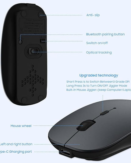 SUNGI Bluetooth Mouse,Wireless Slim Silent Mouse Jiggler Rechargable Mouse for iPad/MacBook/Tablet/PC/iPhone/Cellphone,Gray